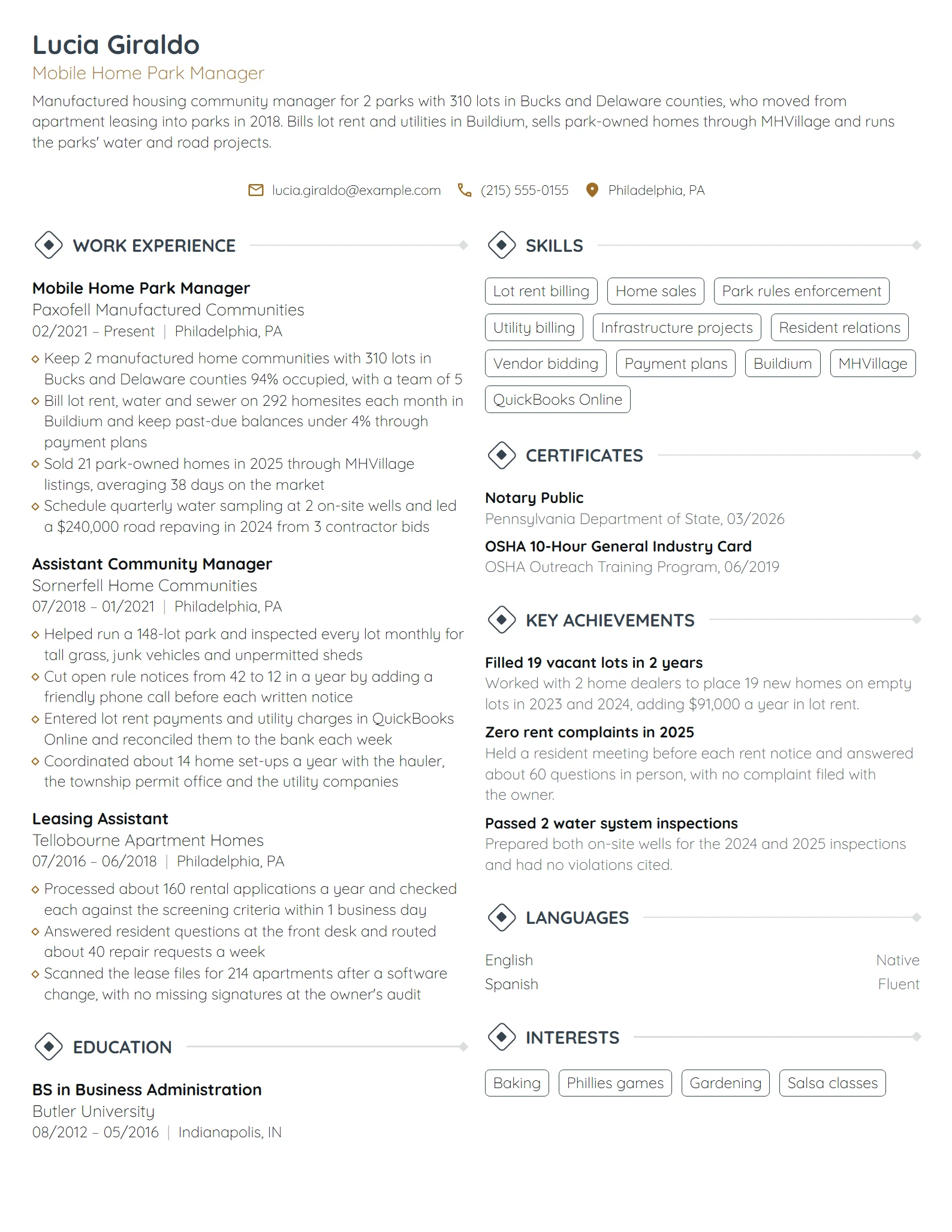 Mobile Home Park Manager resume example