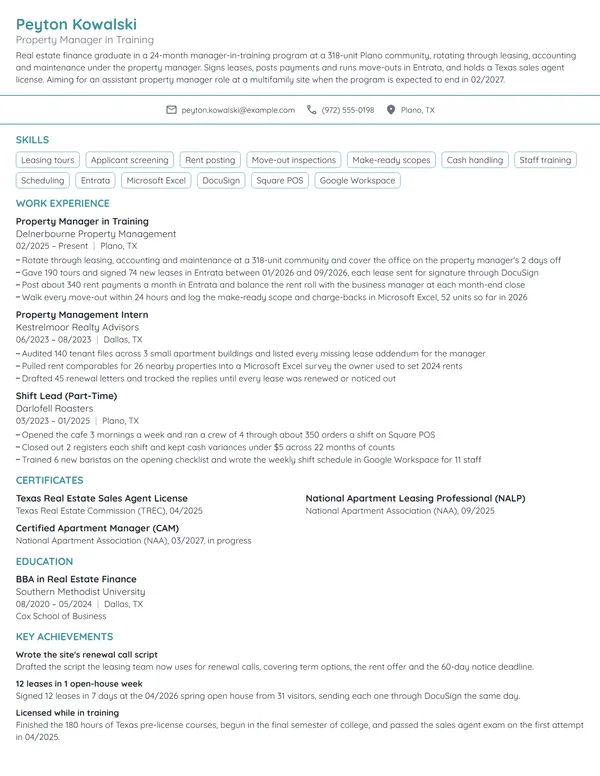 Property Manager in Training resume example