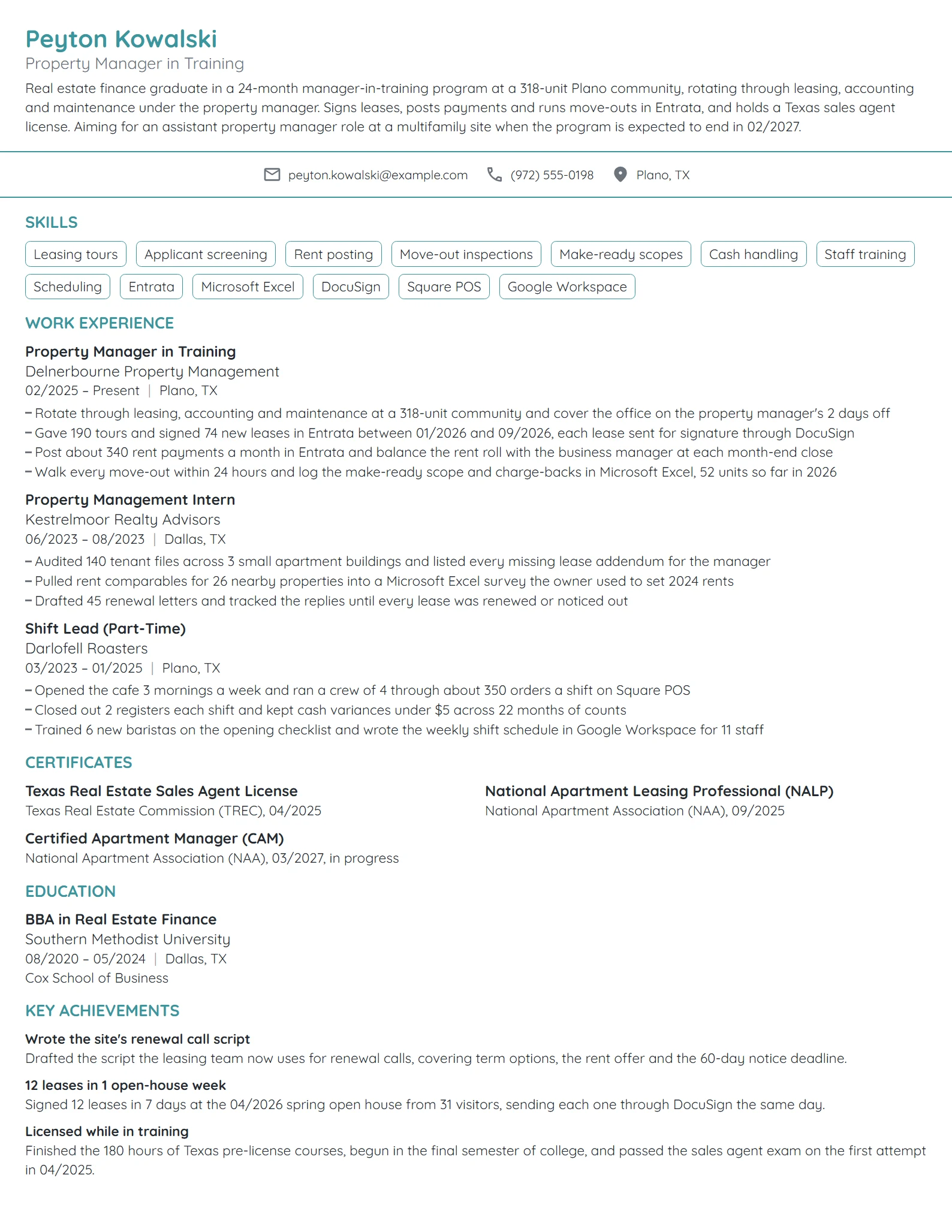 Property Manager in Training resume example