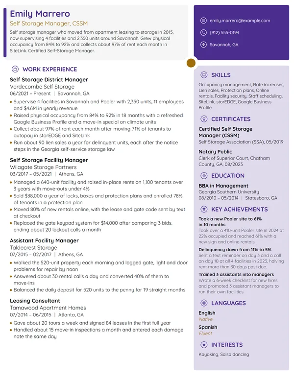Self Storage Manager resume example