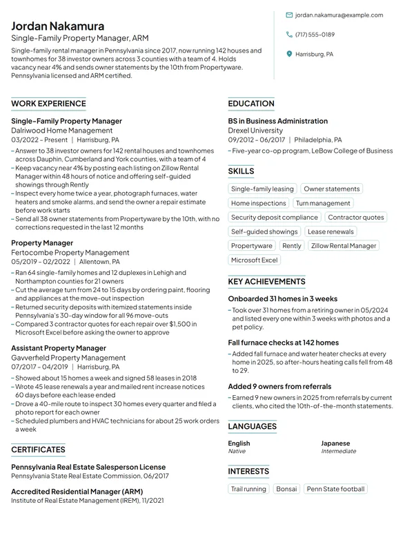 Single-Family Property Manager resume example