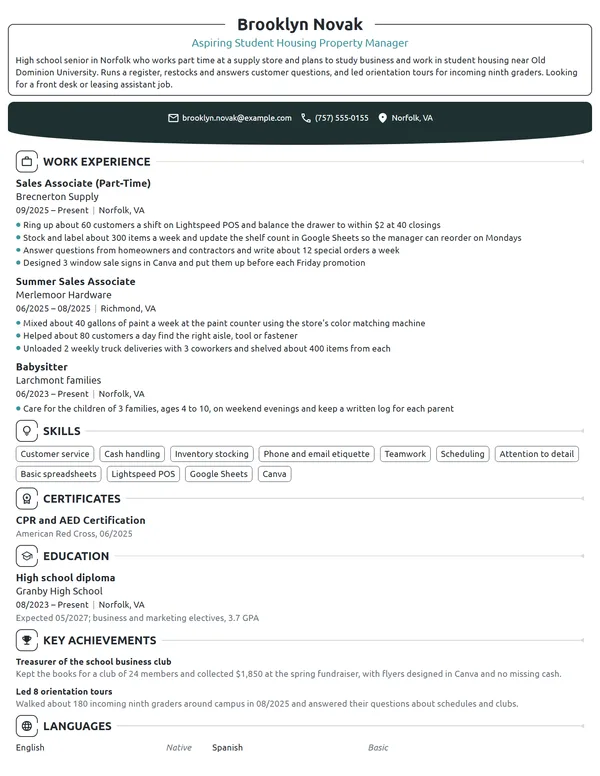 Student Housing Property Manager resume example