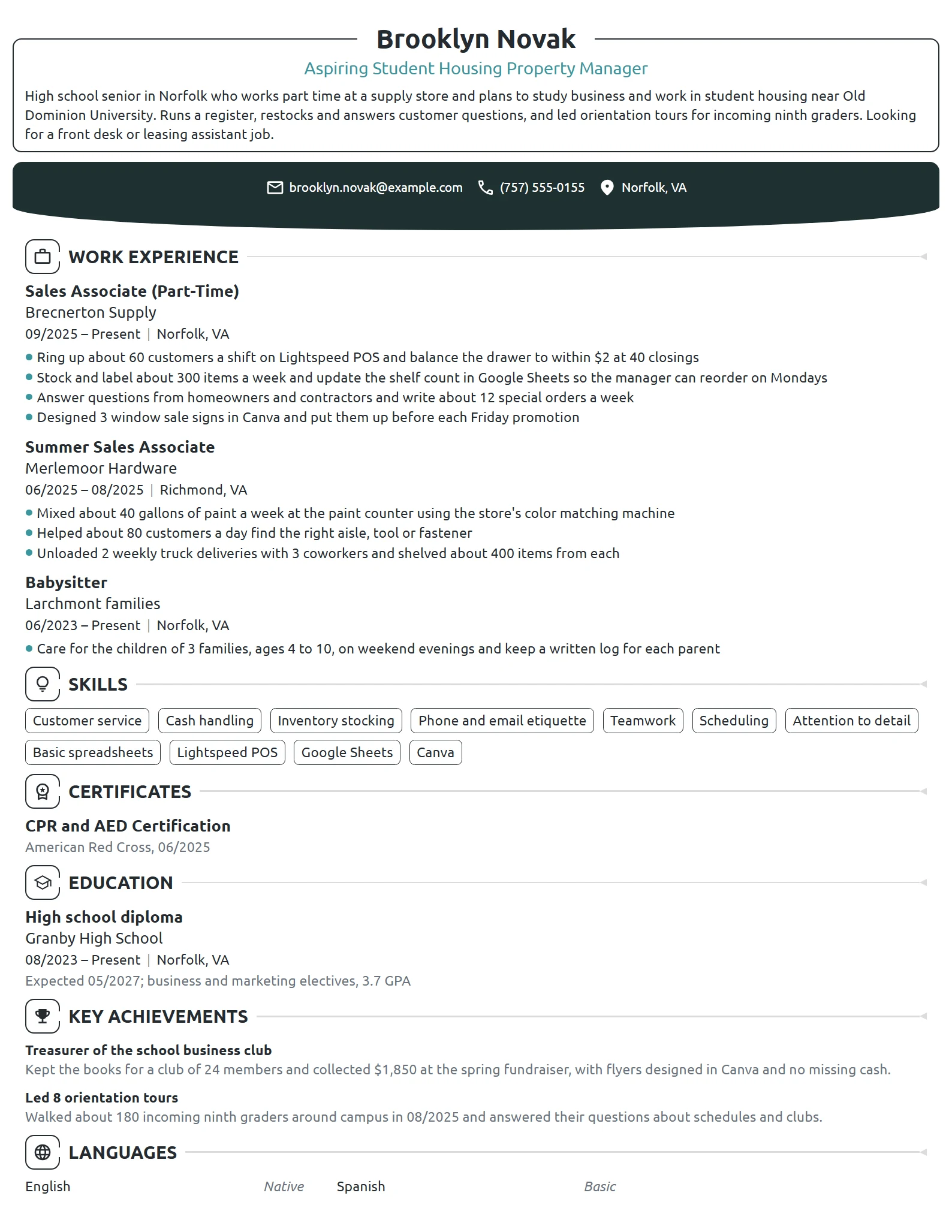 Student Housing Property Manager resume example