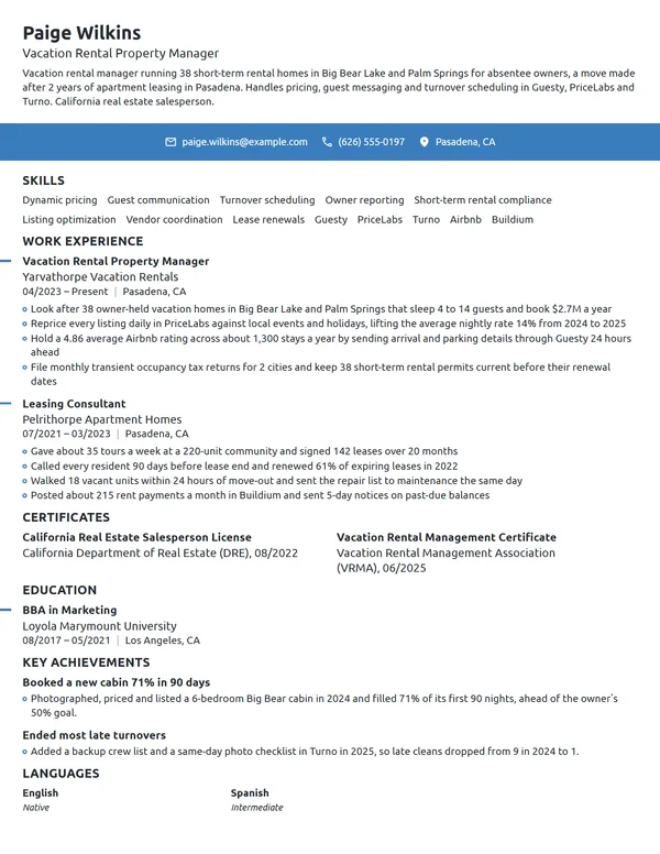 Vacation Rental Property Manager resume example