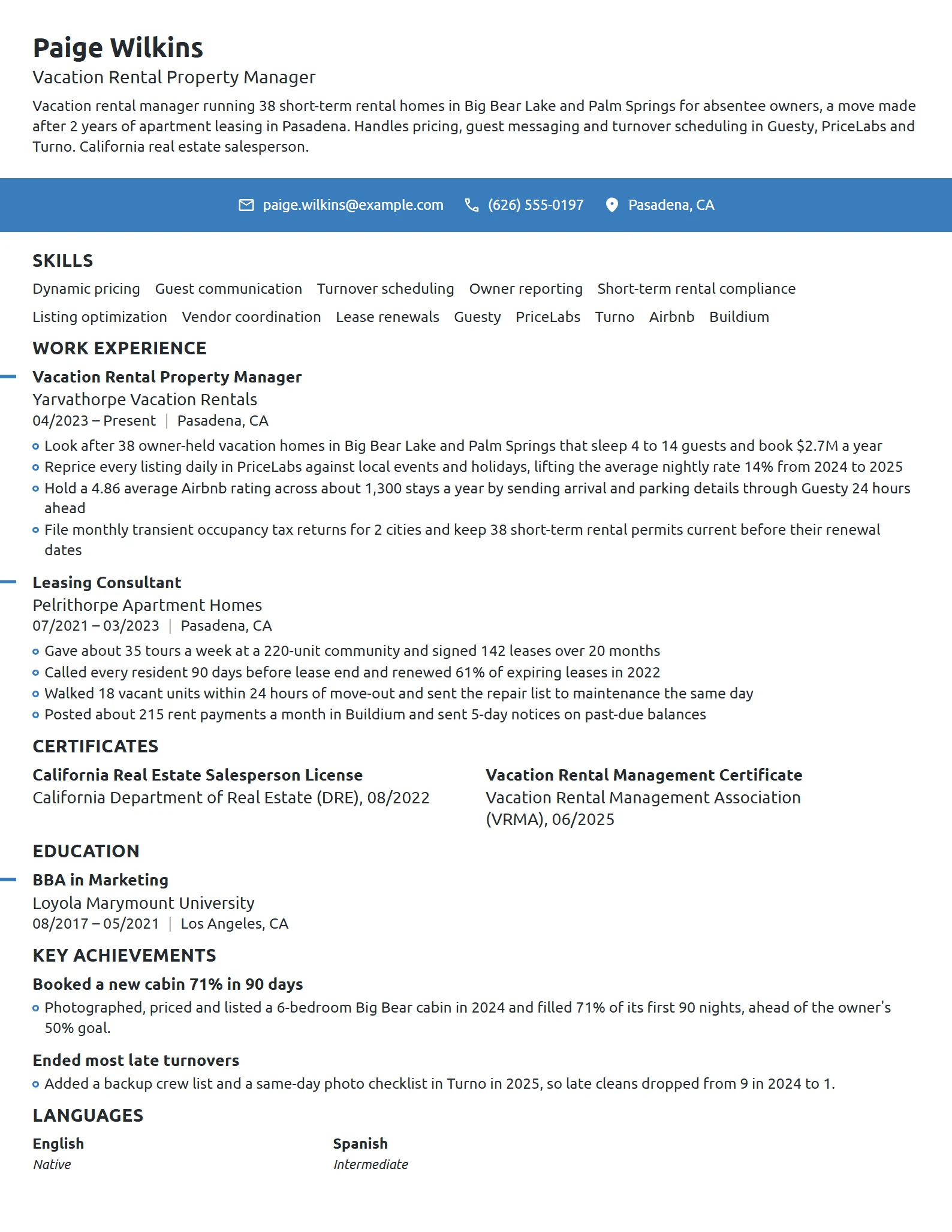 Vacation Rental Property Manager resume example