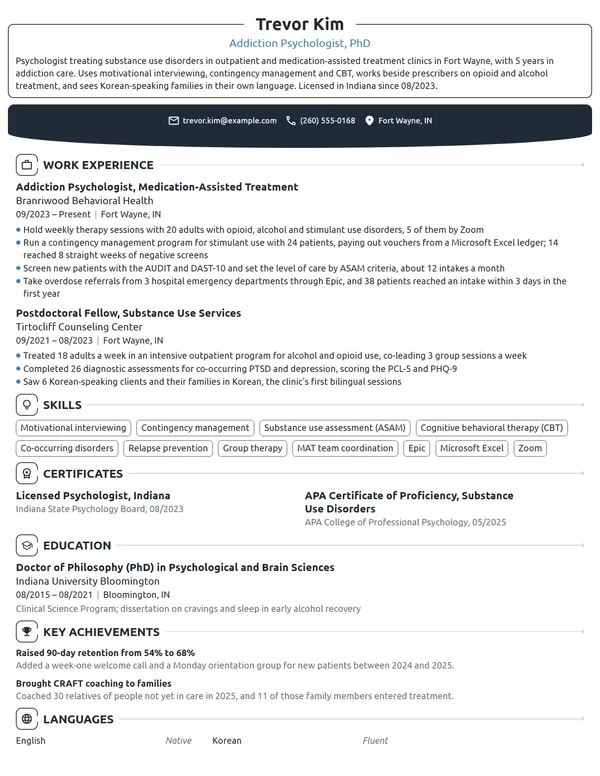 Addiction Psychologist resume example