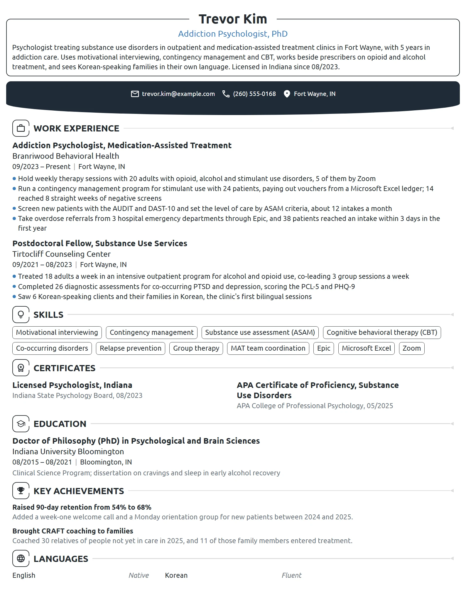 Addiction Psychologist resume example