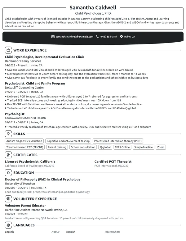 Child Psychologist resume example