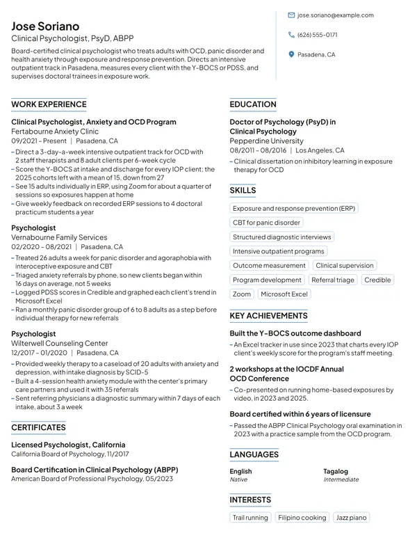 Clinical Psychologist resume example