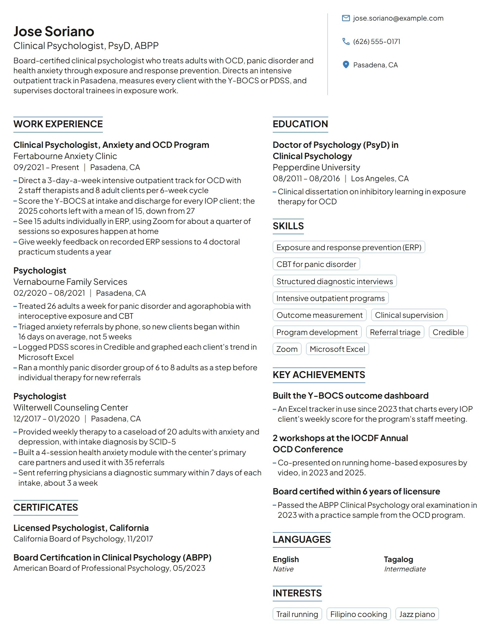 Clinical Psychologist resume example