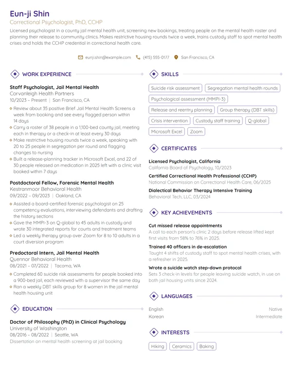 Correctional Psychologist resume example