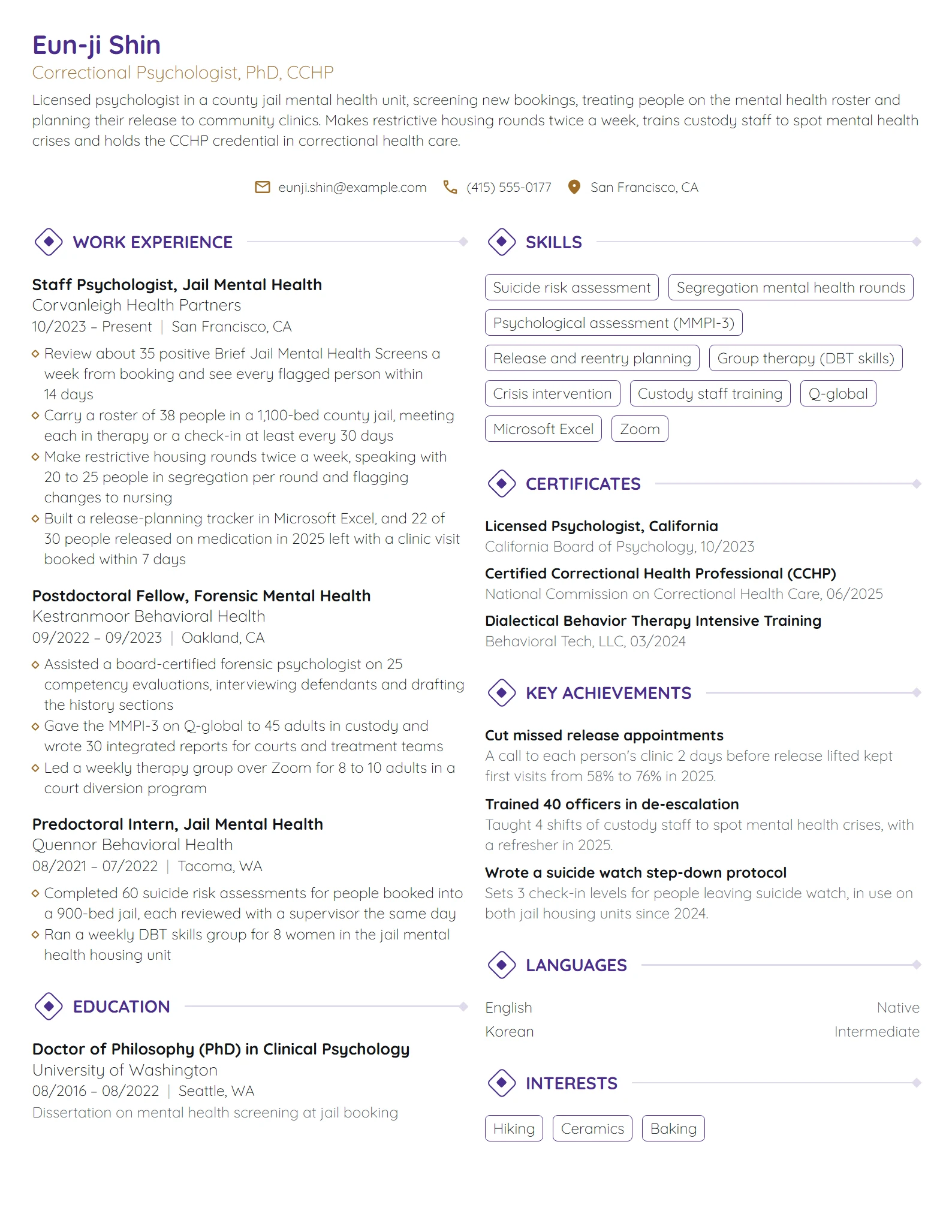 Correctional Psychologist resume example