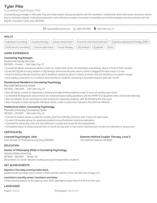 Counseling Psychologist resume example