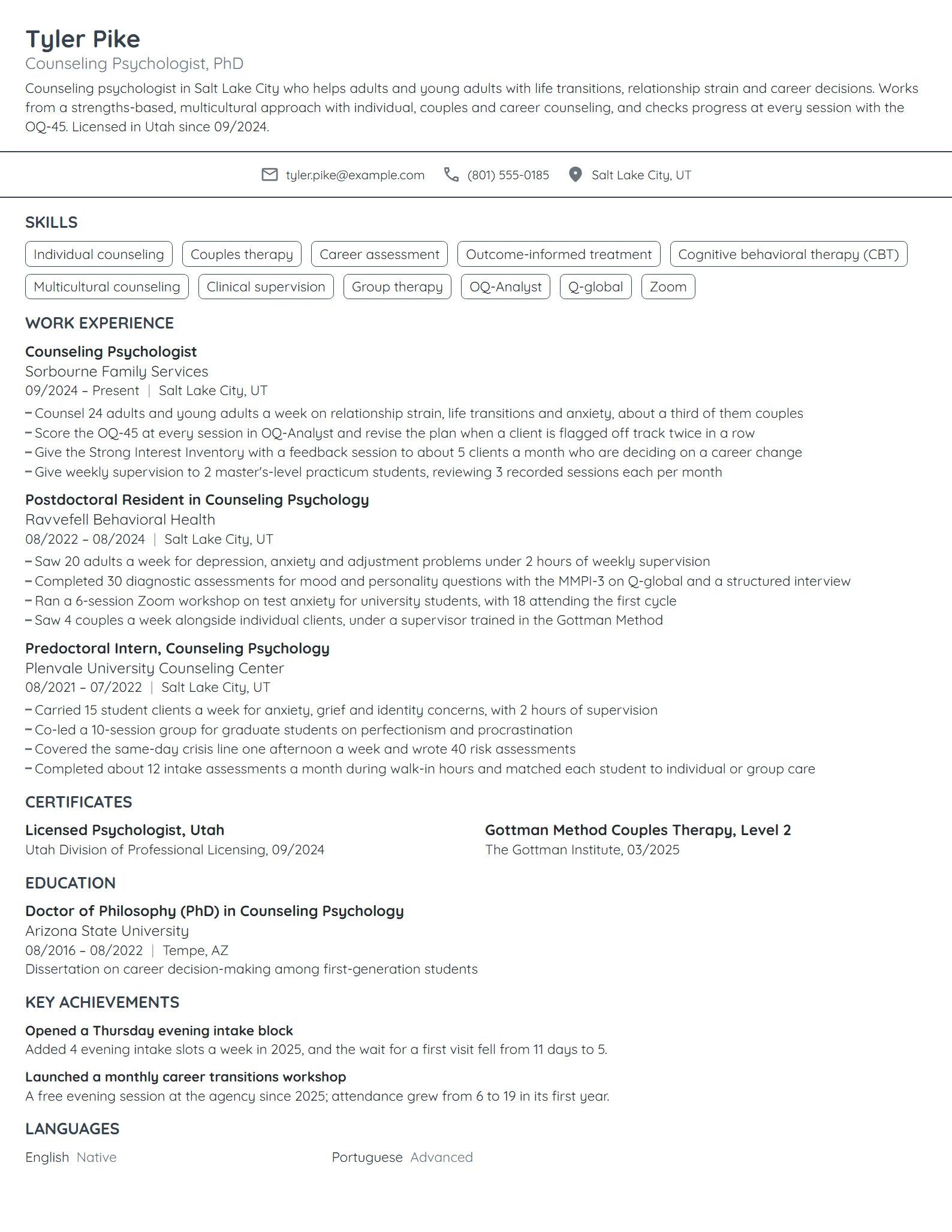 Counseling Psychologist resume example