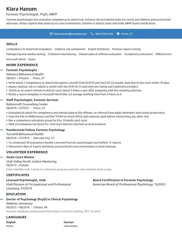 Forensic Psychologist resume example