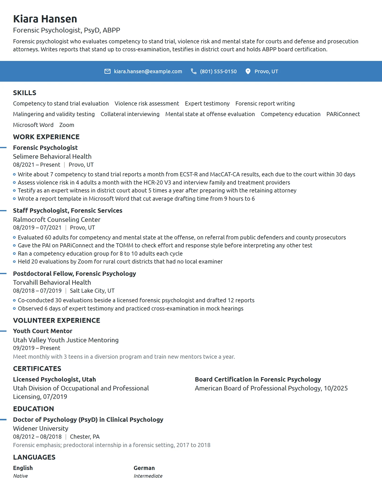 Forensic Psychologist resume example