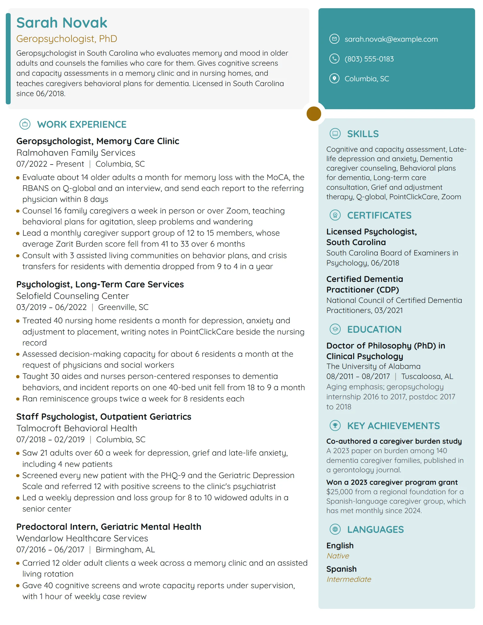 Geropsychologist resume example