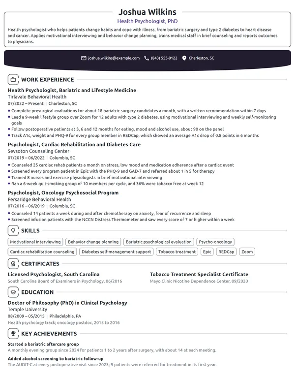 Health Psychologist resume example
