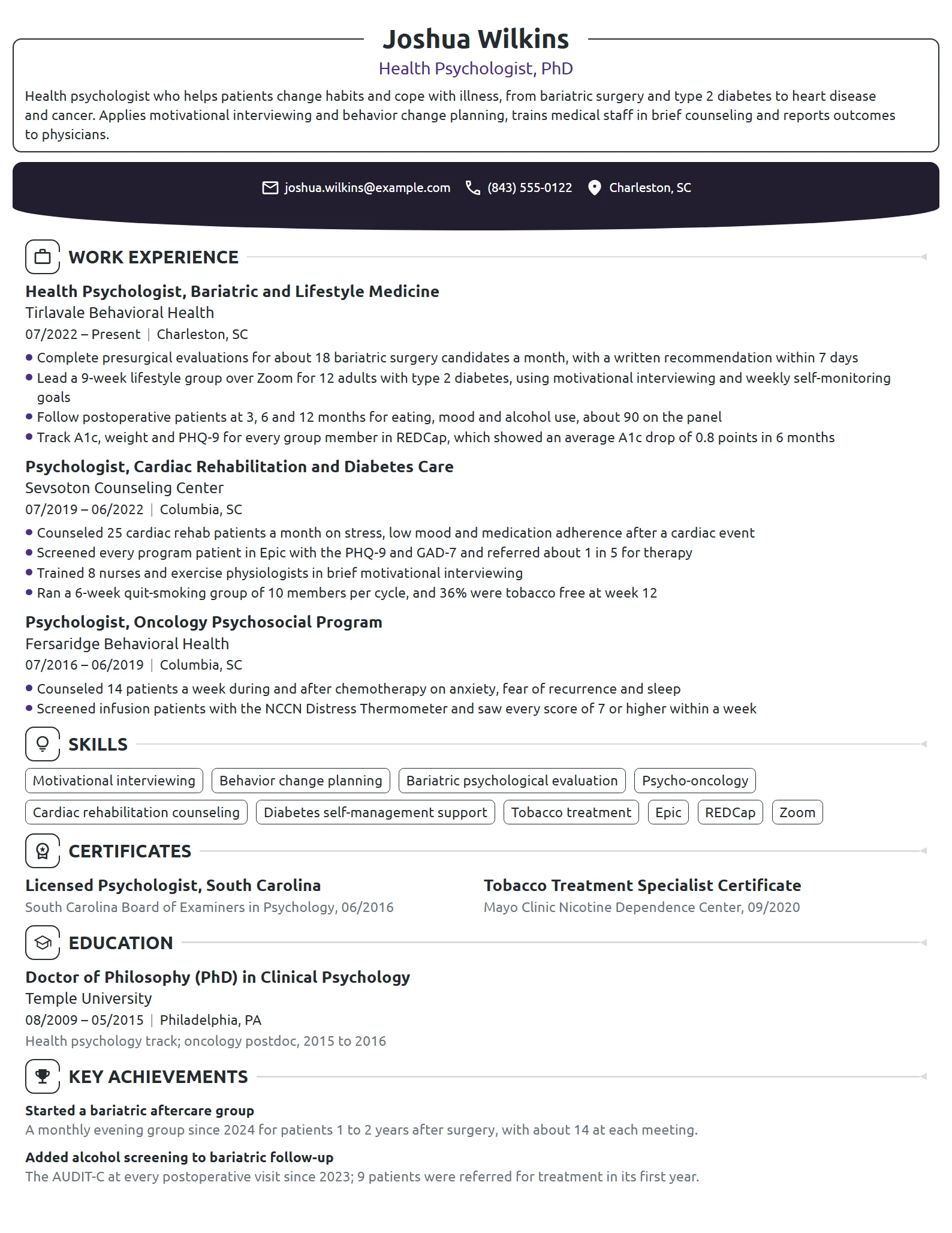 Health Psychologist resume example