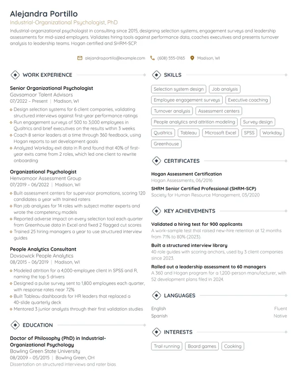 Industrial-Organizational Psychologist resume example