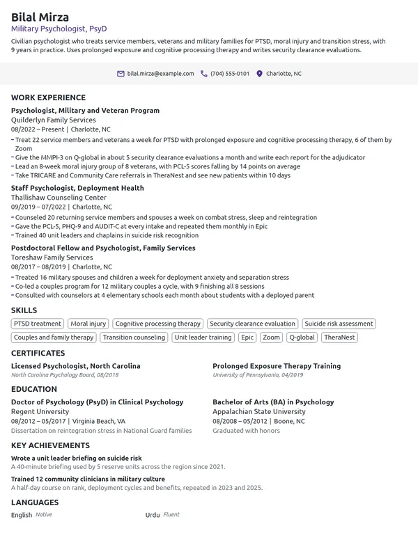 Military Psychologist resume example