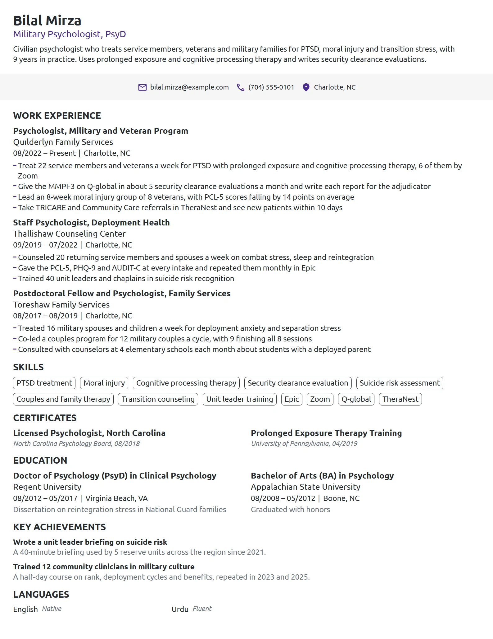 Military Psychologist resume example