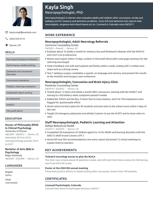 Neuropsychologist resume example