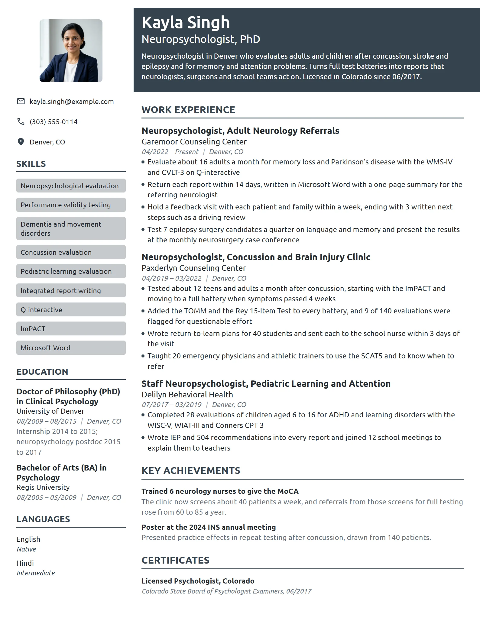 Neuropsychologist resume example