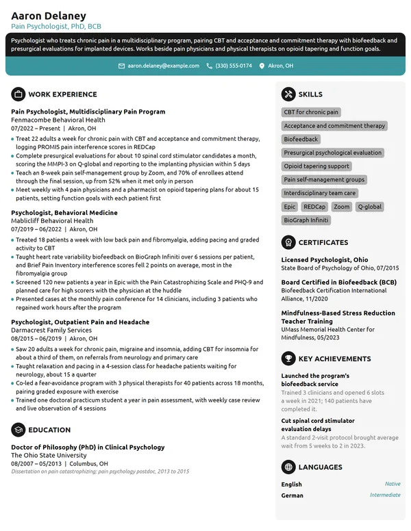 Pain Psychologist resume example
