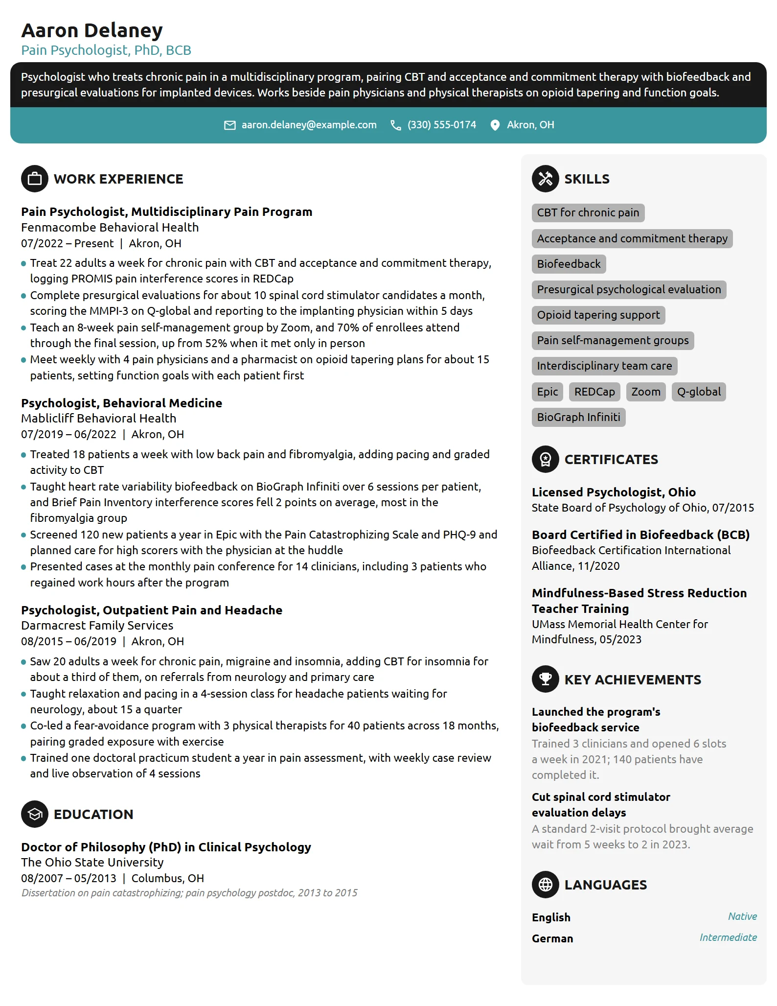Pain Psychologist resume example