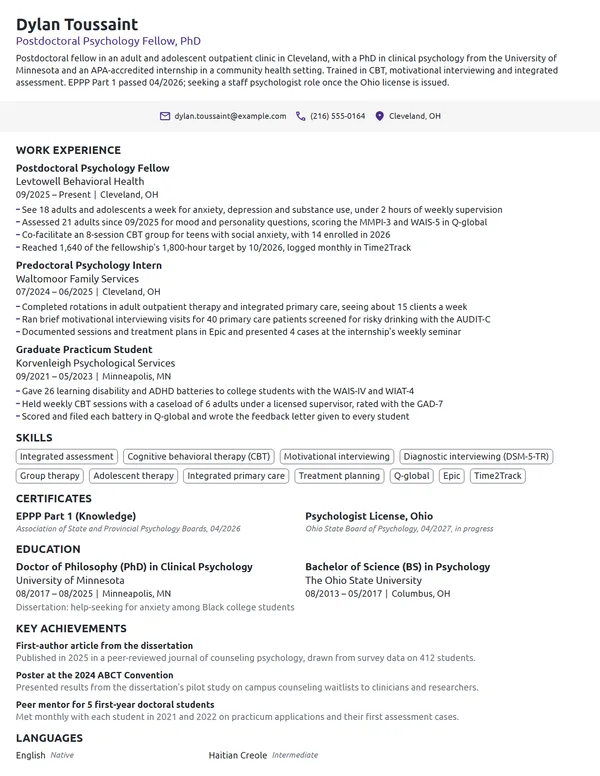 Postdoctoral Psychology Fellow resume example