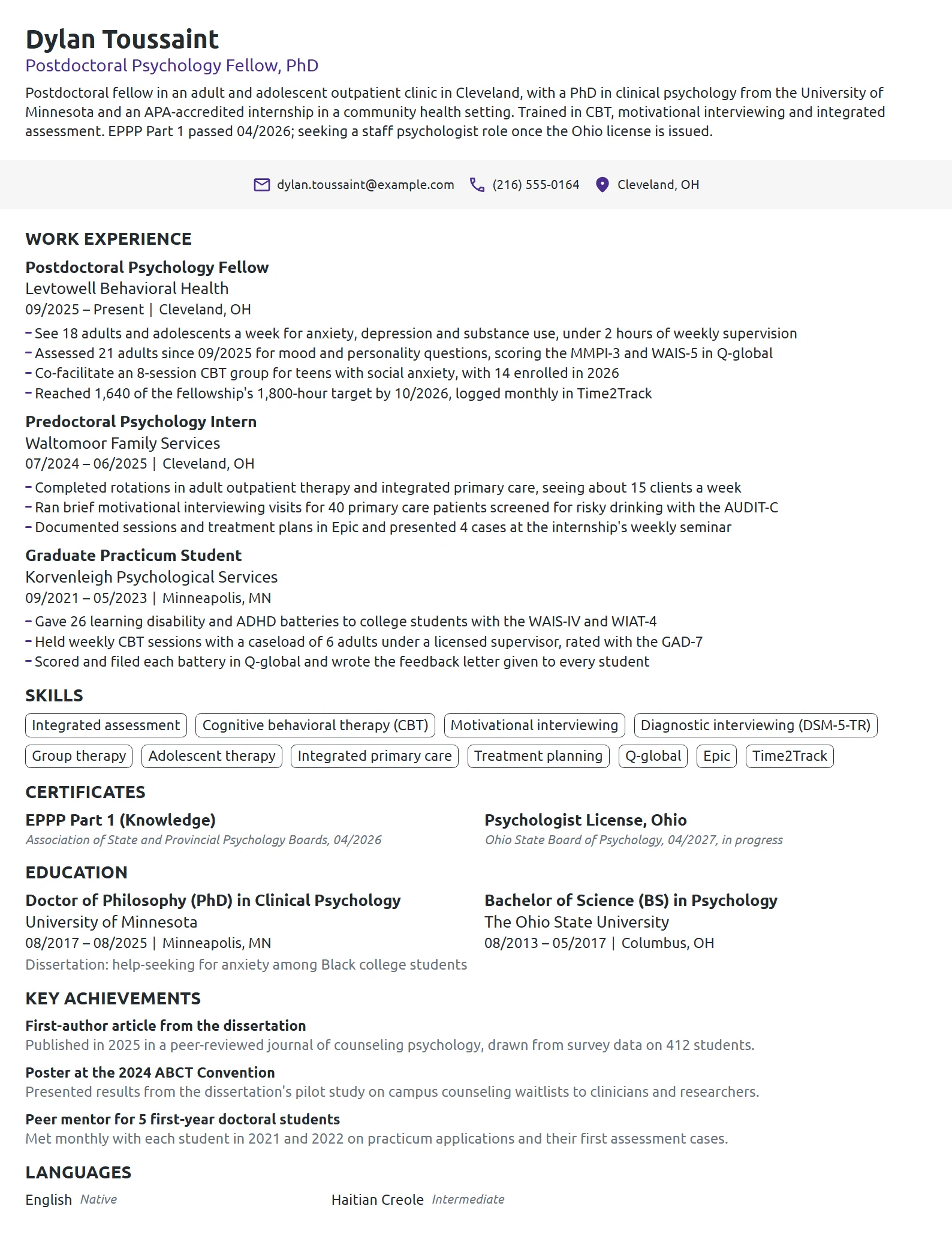 Postdoctoral Psychology Fellow resume example