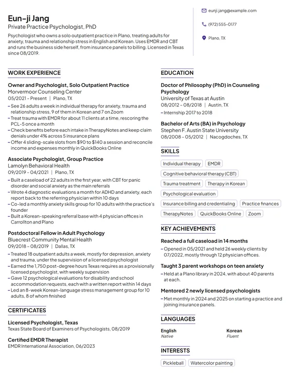 Private Practice Psychologist resume example