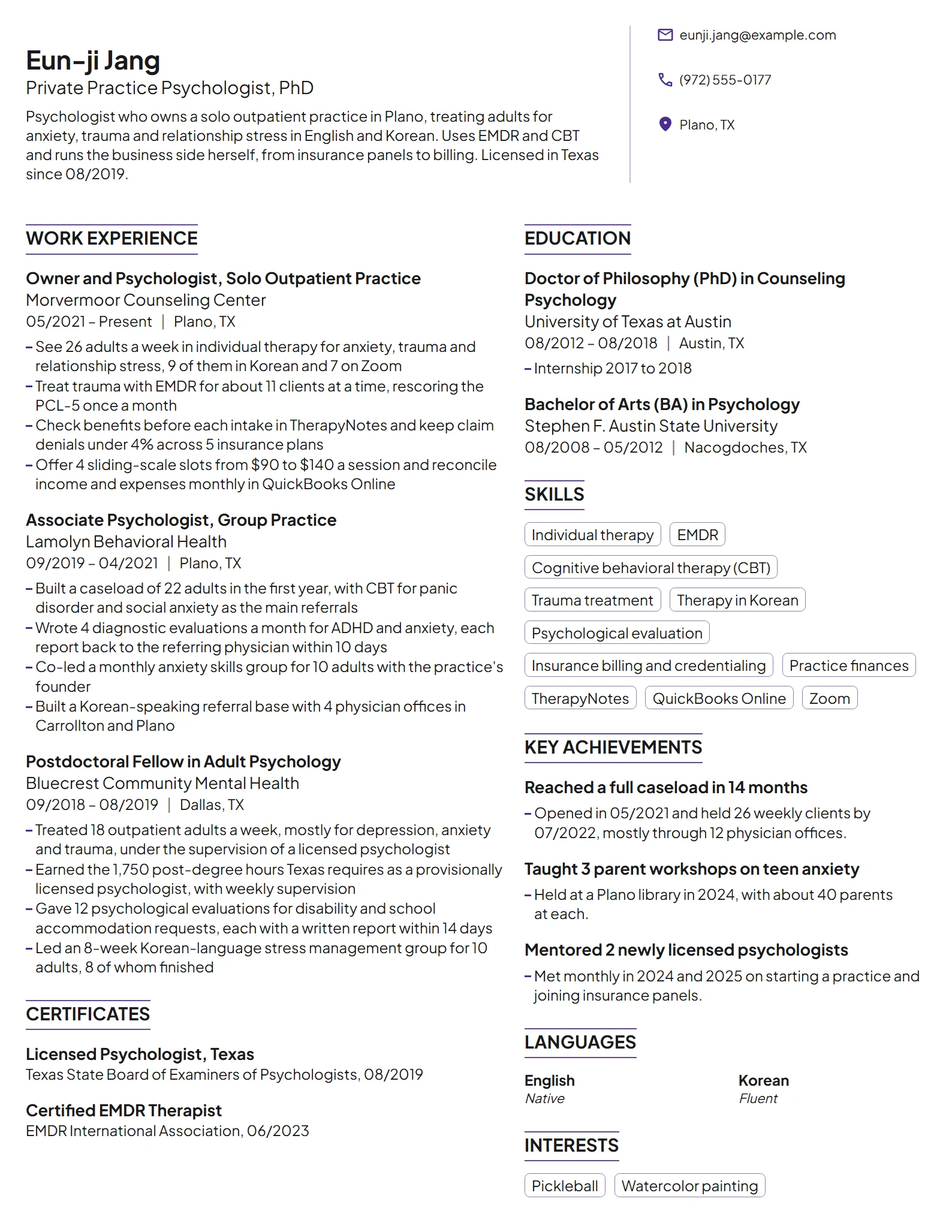 Private Practice Psychologist resume example