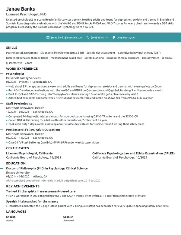 Psychologist resume example