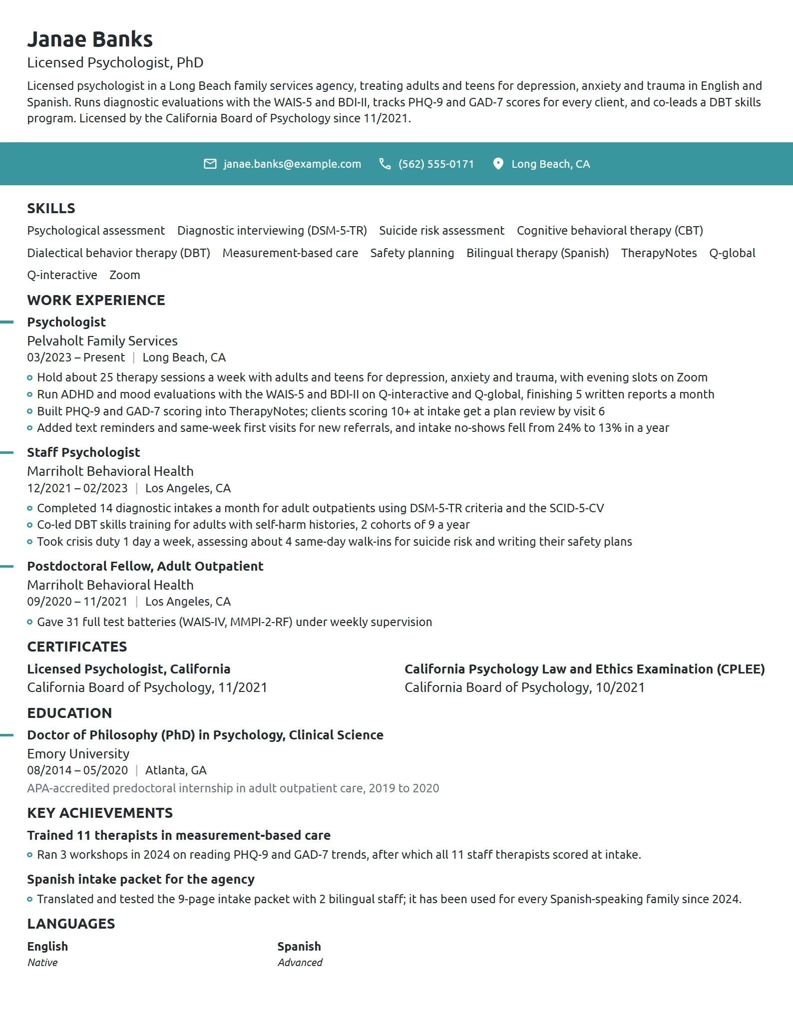 Psychologist resume example