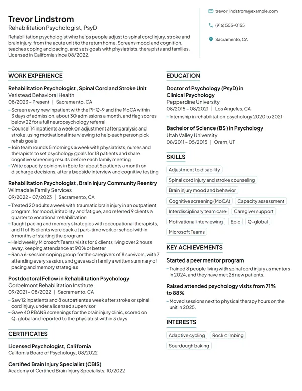 Rehabilitation Psychologist resume example
