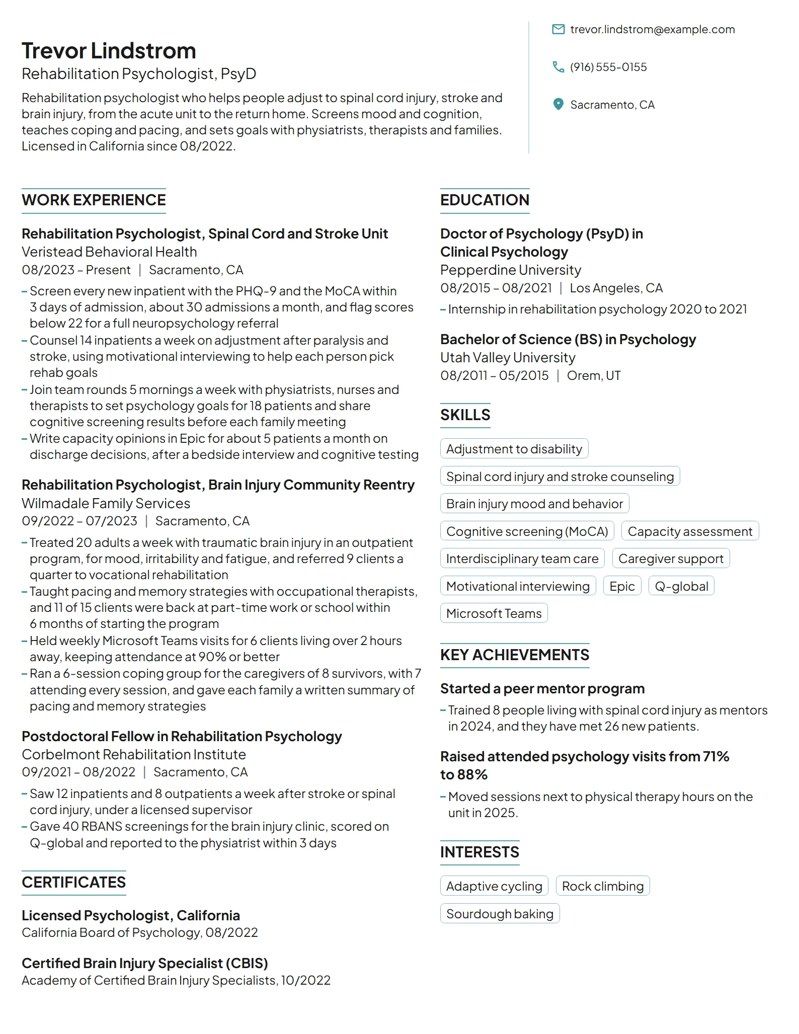 Rehabilitation Psychologist resume example
