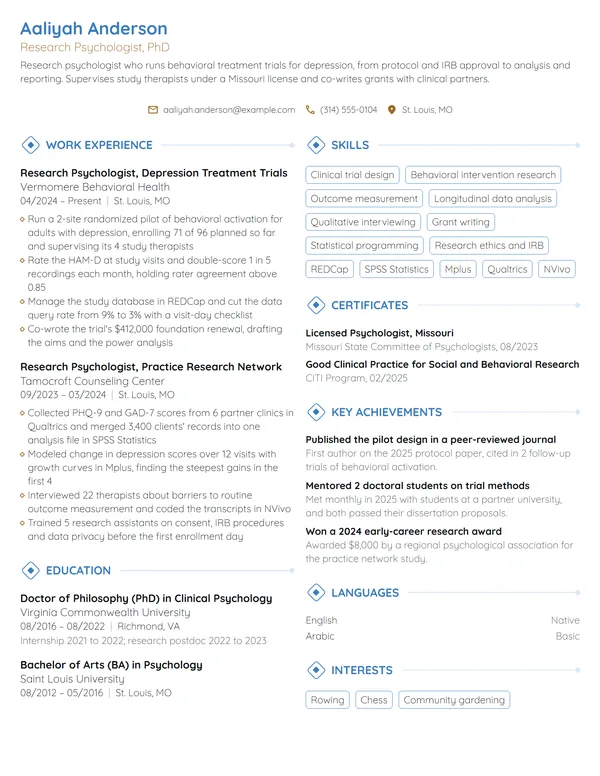 Research Psychologist resume example