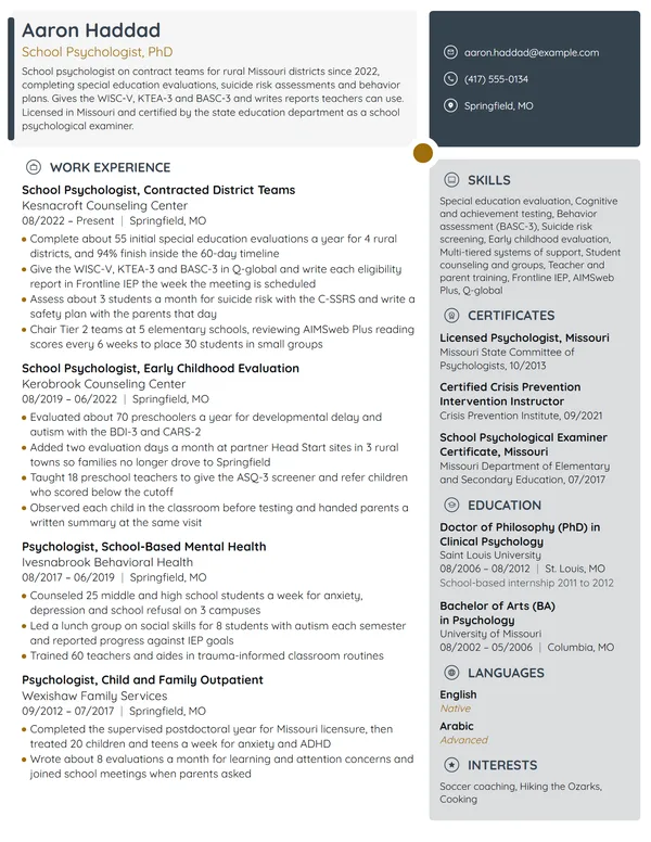 School Psychologist resume example