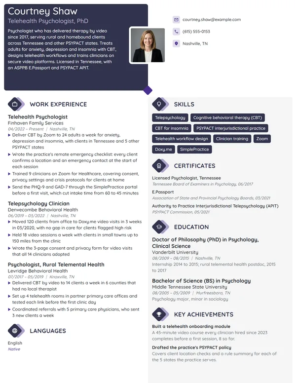 Telehealth Psychologist resume example