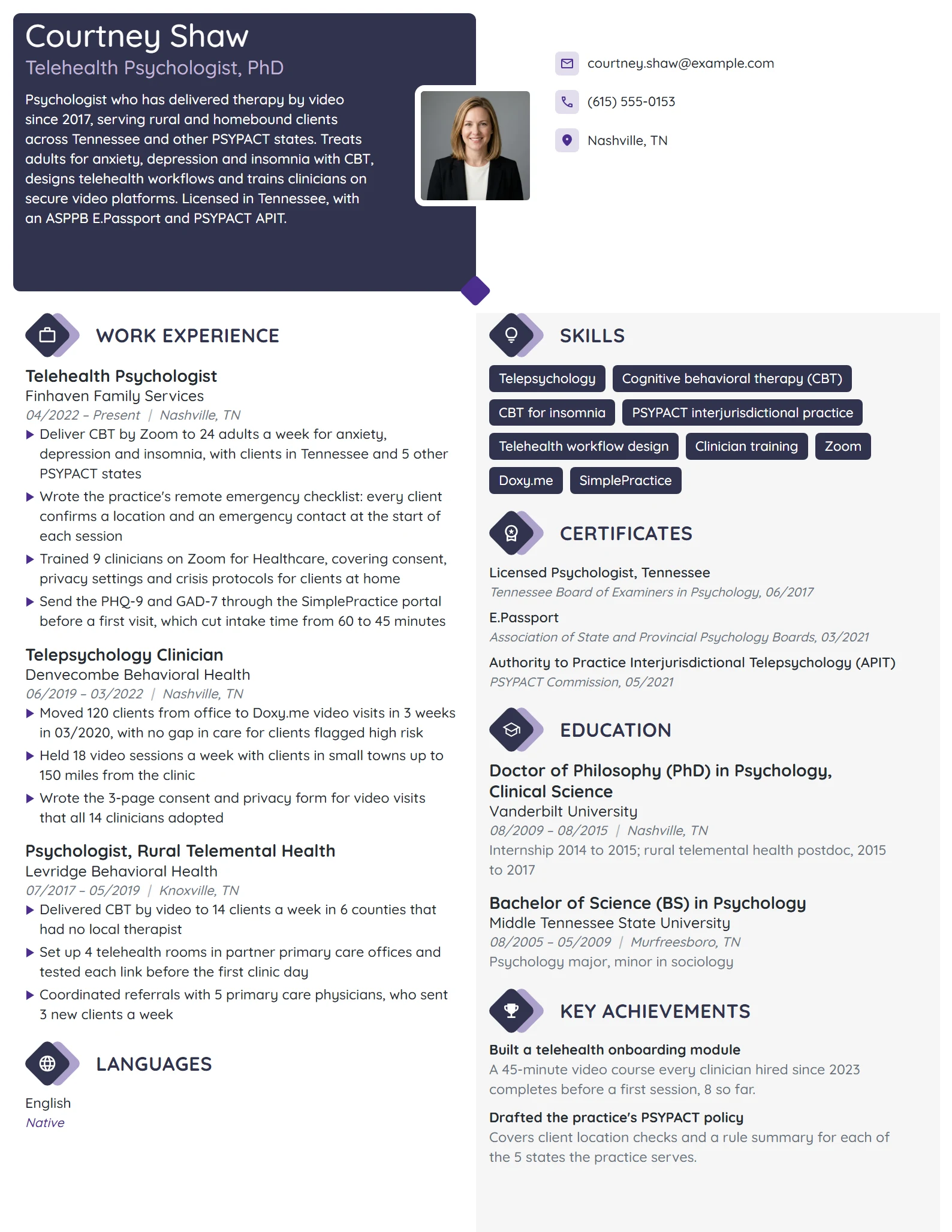 Telehealth Psychologist resume example