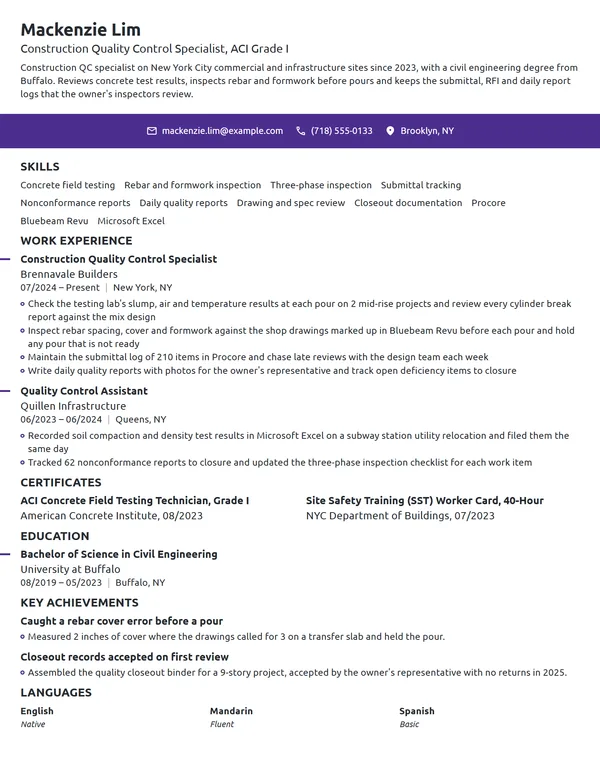 Construction Quality Control Specialist resume example