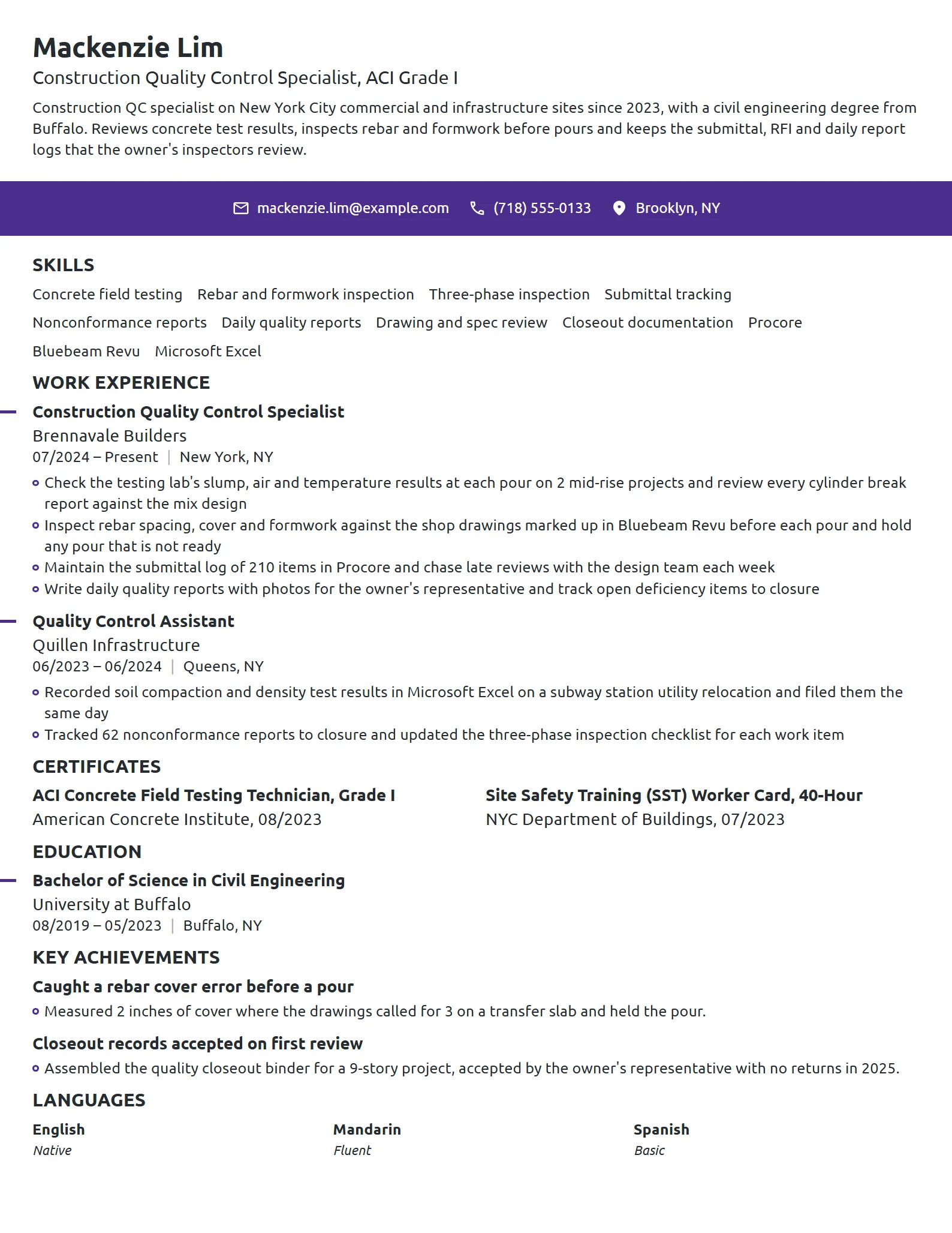 Construction Quality Control Specialist resume example