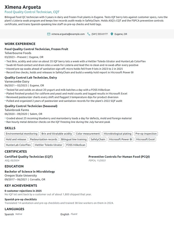Food Quality Control Technician resume example