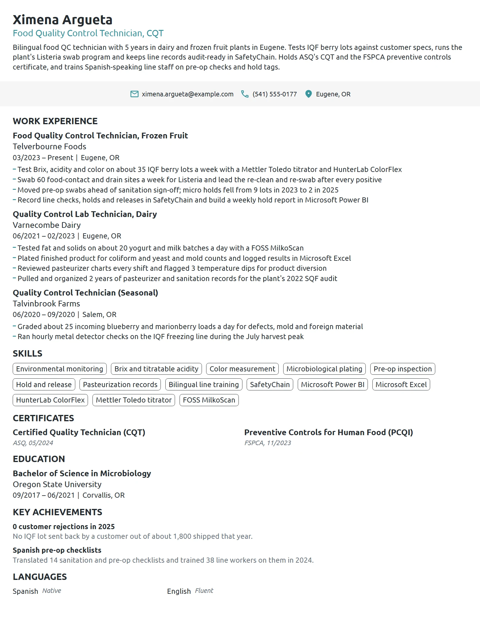 Food Quality Control Technician resume example