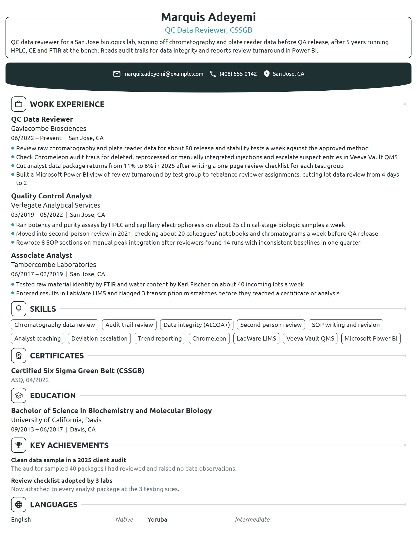 QC Data Reviewer resume example