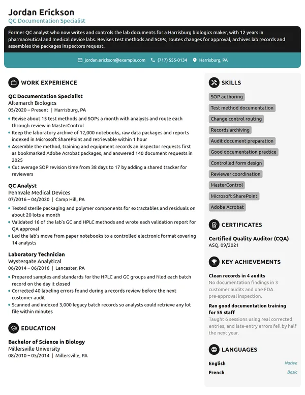 QC Documentation Specialist resume example
