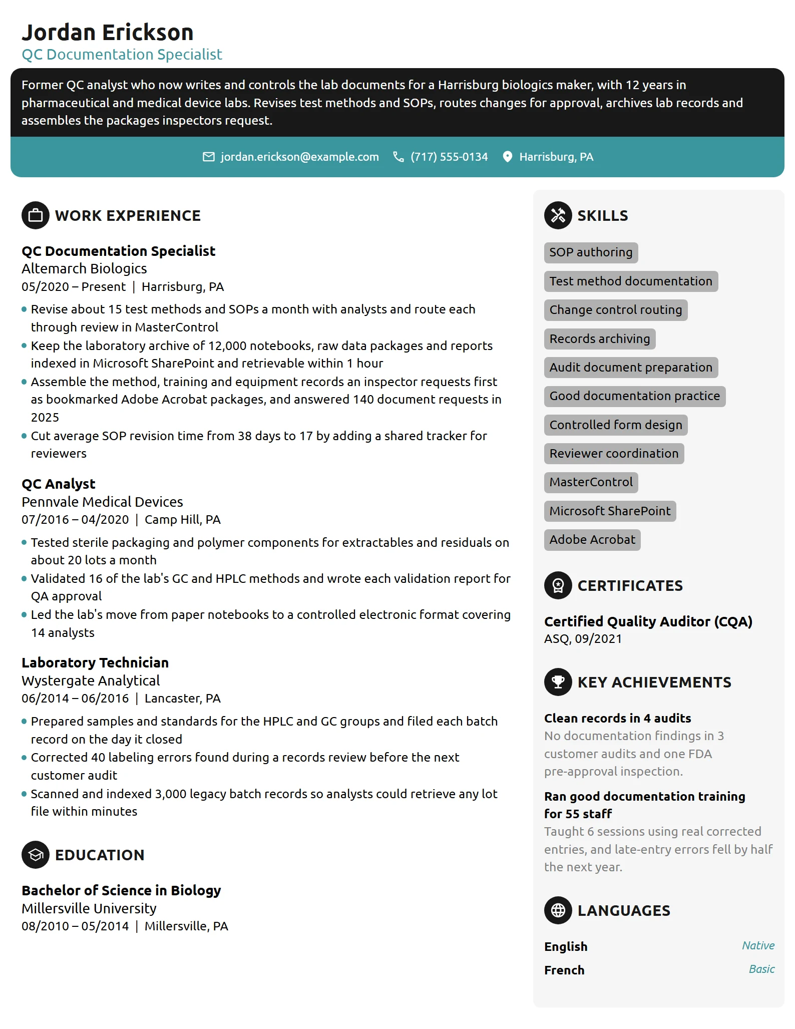 QC Documentation Specialist resume example