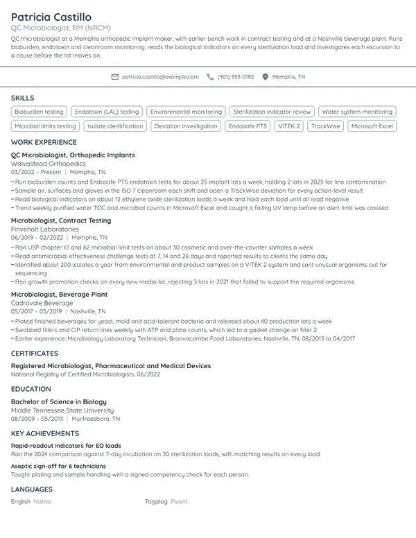 QC Microbiologist resume example